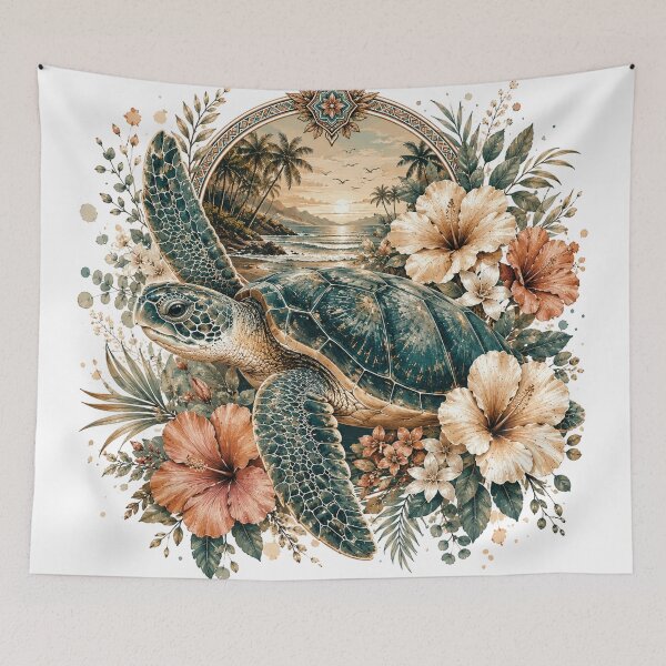 Item preview, Tropical Sea Turtle with Hibiscus Flowers – Vintage Coastal Ocean Wildlife Art with Hawaiian Beach Sunset and Botanical Island Paradise Design designed and sold by Gold Turtle  Lina.