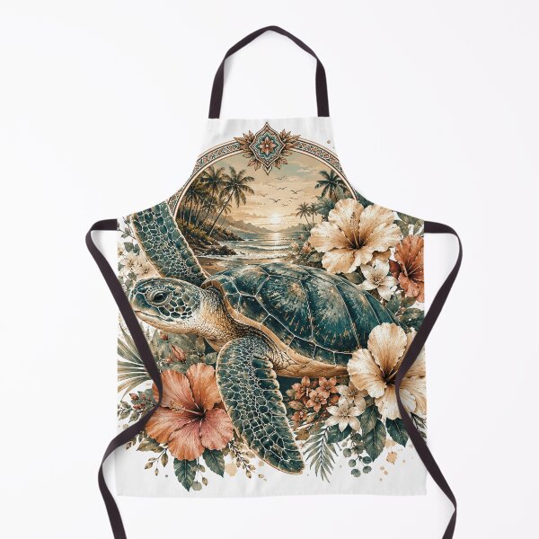 Item preview, Tropical Sea Turtle with Hibiscus Flowers – Vintage Coastal Ocean Wildlife Art with Hawaiian Beach Sunset and Botanical Island Paradise Design designed and sold by Gold Turtle Lina.