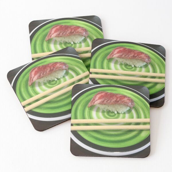 Item preview, Wagyu Beef Nigiri Sushi on Green Plate Art Print designed and sold by KaleChub.