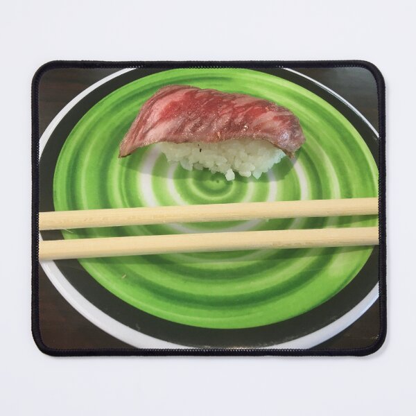 Item preview, Wagyu Beef Nigiri Sushi on Green Plate Art Print designed and sold by KaleChub.
