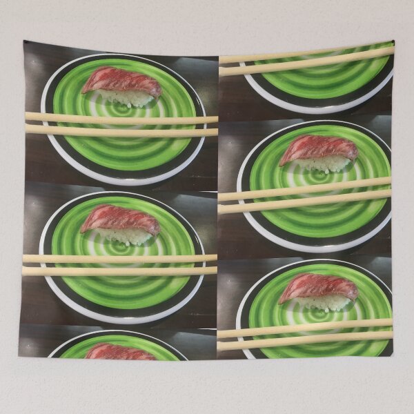 Item preview, Wagyu Beef Nigiri Sushi on Green Plate Art Print designed and sold by KaleChub.