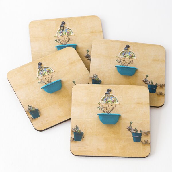 Item preview, Blue Planters With Succulents On Yellow Stucco Wall — Decorative Mediterranean Outdoor Wall Garden Scene designed and sold by Nmallia.