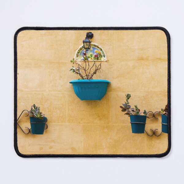 Item preview, Blue Planters With Succulents On Yellow Stucco Wall — Decorative Mediterranean Outdoor Wall Garden Scene designed and sold by Nmallia.