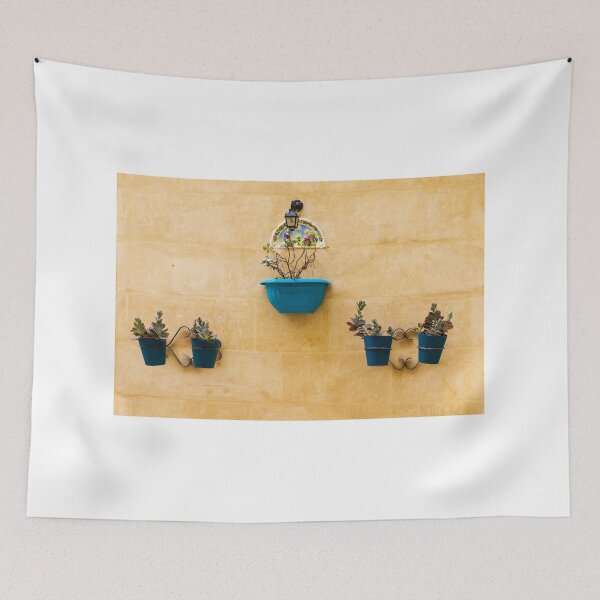 Item preview, Blue Planters With Succulents On Yellow Stucco Wall — Decorative Mediterranean Outdoor Wall Garden Scene designed and sold by Nmallia.