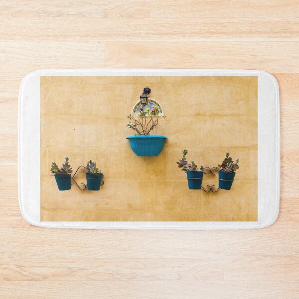 Item preview, Blue Planters With Succulents On Yellow Stucco Wall — Decorative Mediterranean Outdoor Wall Garden Scene designed and sold by Nmallia.