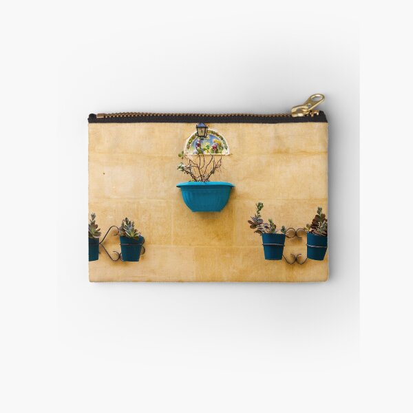 Item preview, Blue Planters With Succulents On Yellow Stucco Wall — Decorative Mediterranean Outdoor Wall Garden Scene designed and sold by Nmallia.
