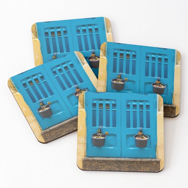 Item preview, Bright Blue Door With Hanging Plant Pots Against Sunlit Yellow Stone Wall In Mediterranean Street designed and sold by Nmallia.
