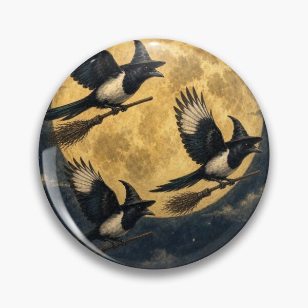 Item preview, Three Witch Magpies Flying On Broomsticks Full Moon - Halloween Witchy Bird designed and sold by Neurospicy Trolls.