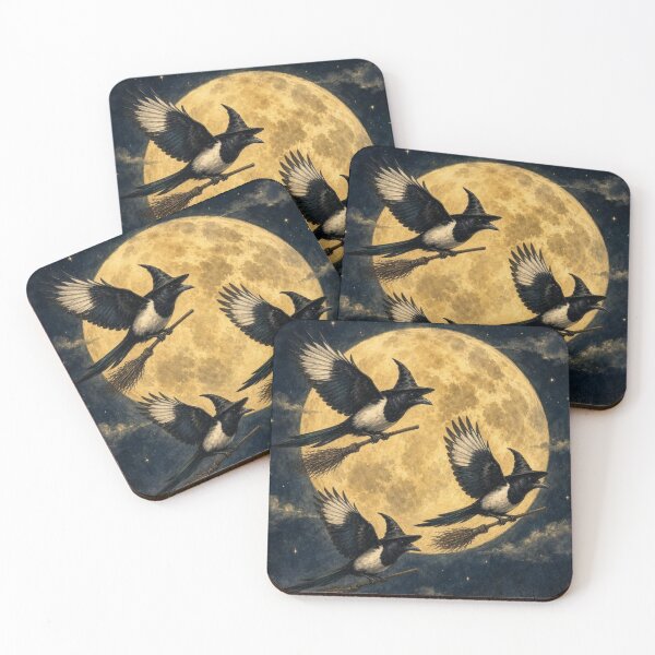 Item preview, Three Witch Magpies Flying On Broomsticks Full Moon - Halloween Witchy Bird designed and sold by Neurospicy Trolls.