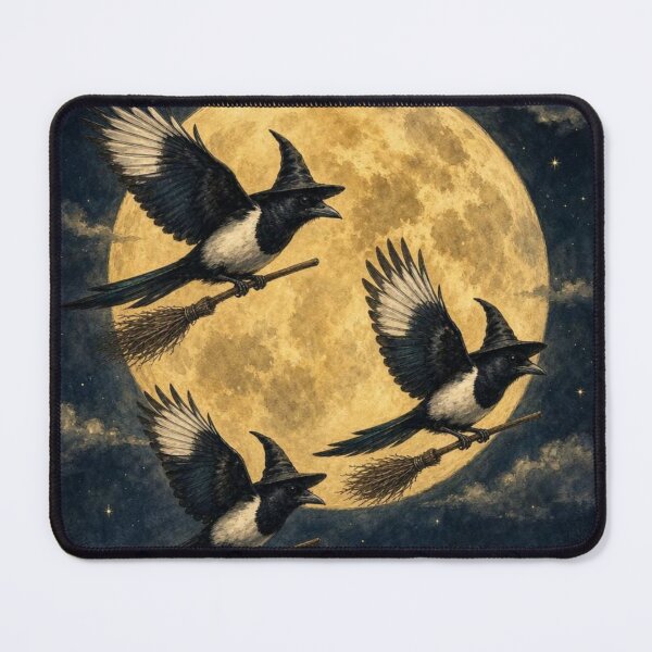 Item preview, Three Witch Magpies Flying On Broomsticks Full Moon - Halloween Witchy Bird designed and sold by Neurospicy Trolls.