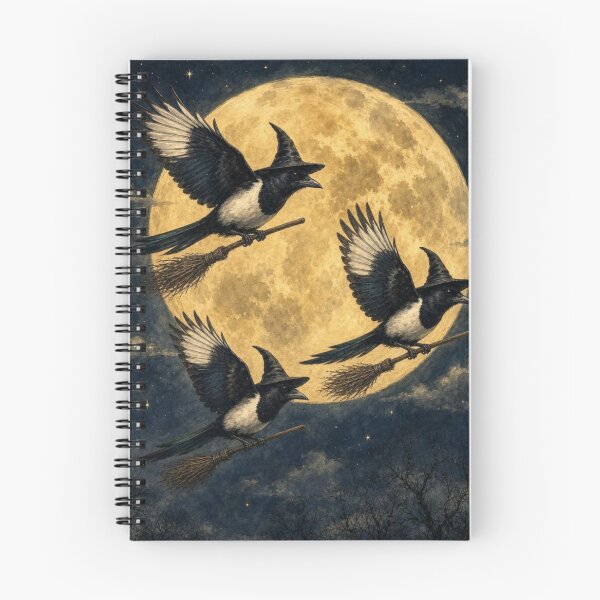 Item preview, Three Witch Magpies Flying On Broomsticks Full Moon - Halloween Witchy Bird designed and sold by Neurospicy Trolls.