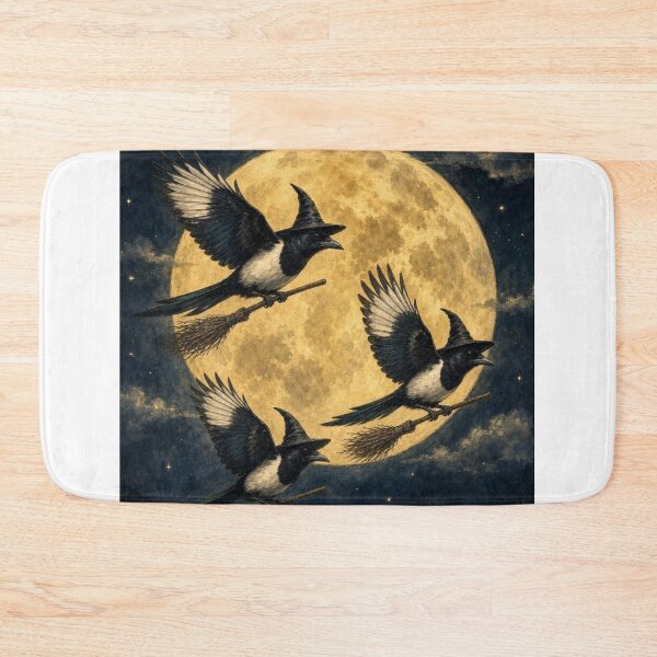Item preview, Three Witch Magpies Flying On Broomsticks Full Moon - Halloween Witchy Bird designed and sold by Neurospicy Trolls.