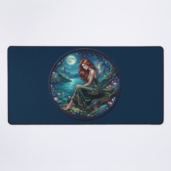 Item preview, Red-haired fairy illuminated by moonlight in an enchanted forest designed and sold by Azurart2.