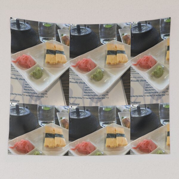 Item preview, Tamago Nigiri Sushi with Pickled Ginger and Wasabi Art Print designed and sold by KaleChub.