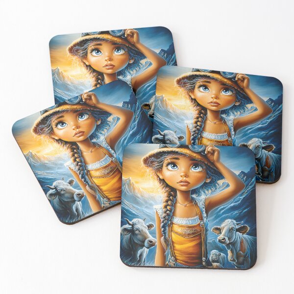 Item preview, Charming Girl in Yellow with Cows and Mountains designed and sold by Artessie.