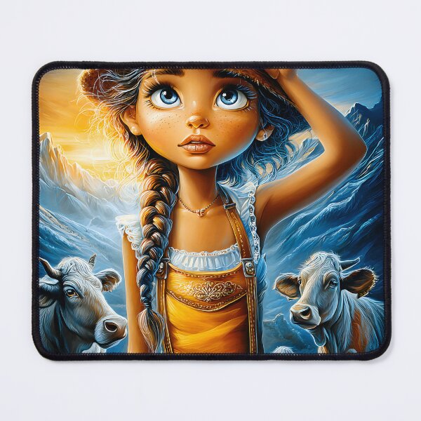 Item preview, Charming Girl in Yellow with Cows and Mountains designed and sold by Artessie.
