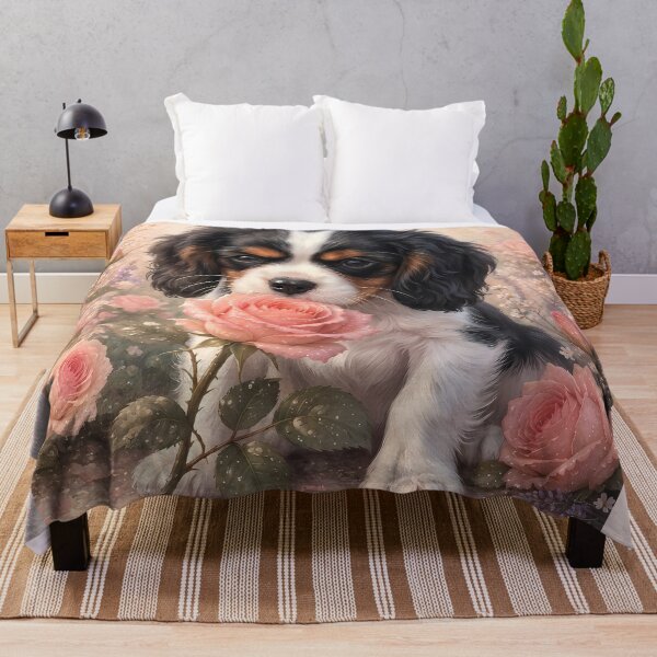 Item preview, Cavalier King Charles Spaniel Puppy with Pink Roses designed and sold by ManJiangHong.