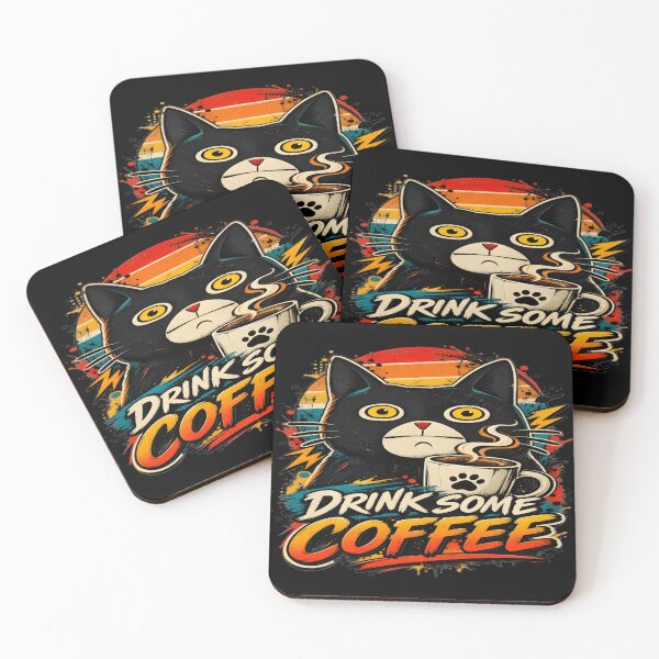 Item preview, Drink Some Coffee Grumpy Black Cat Retro Art designed and sold by DailySparks.