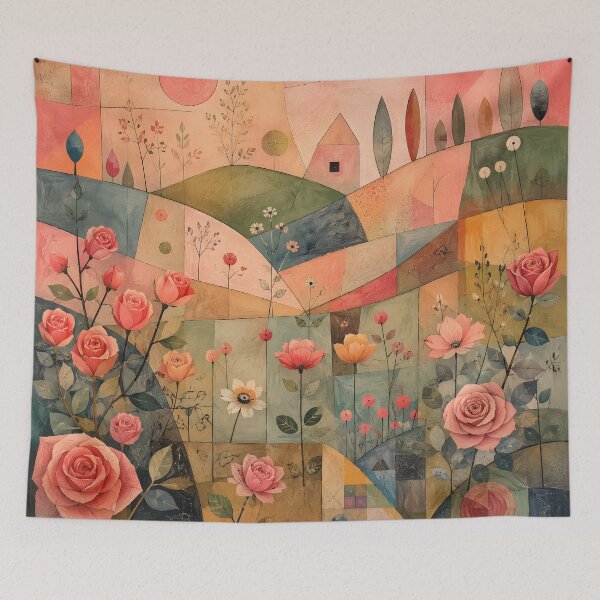 Item preview, Mid Century Floral Garden – Folk Art Roses & Geometric Landscape designed and sold by GutyzDesignsES.