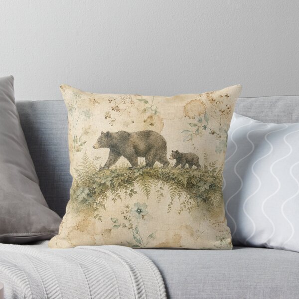 Item preview, Black Bear and Cub Organic Fern Bridge Antique Linen Print designed and sold by RescueHeart10.