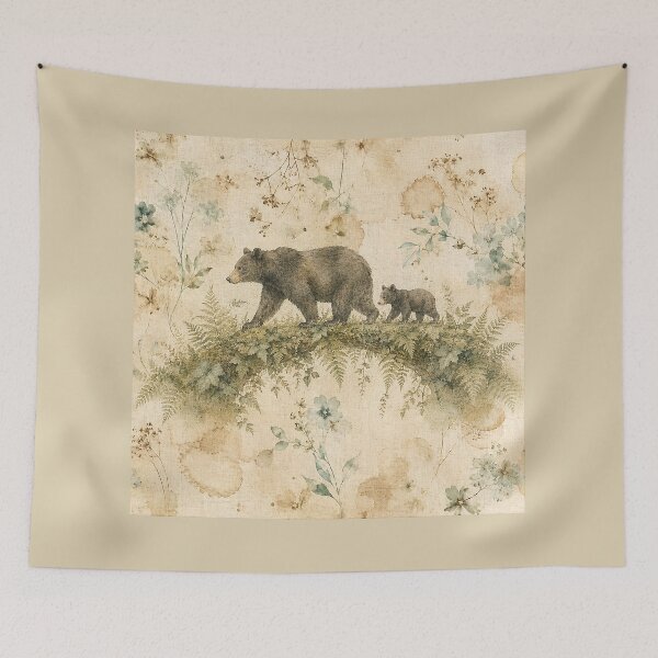 Item preview, Black Bear and Cub Organic Fern Bridge Antique Linen Print designed and sold by RescueHeart10.