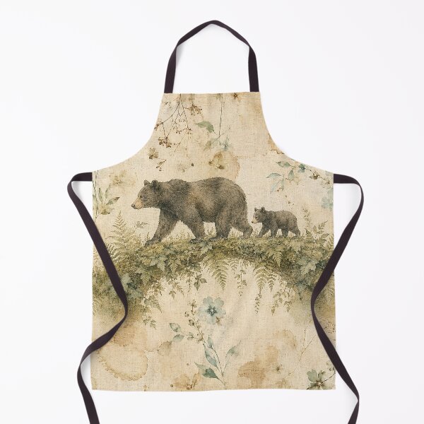 Item preview, Black Bear and Cub Organic Fern Bridge Antique Linen Print designed and sold by RescueHeart10.