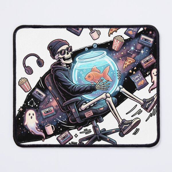 Item preview, Cool Skeleton Floating in Office Chair Holding Goldfish Bowl in Space designed and sold by MisteryDesigner.