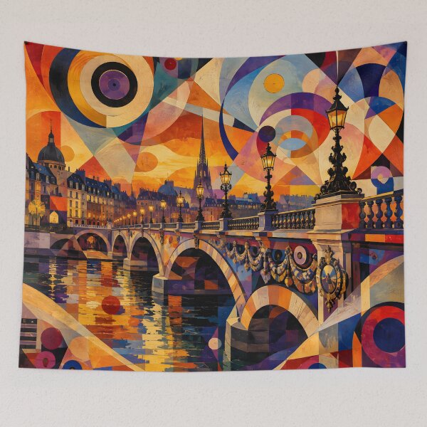 Item preview, Geometric European Cityscape – Colorful Bridge Sunset Wall Art designed and sold by GutyzDesignsES.