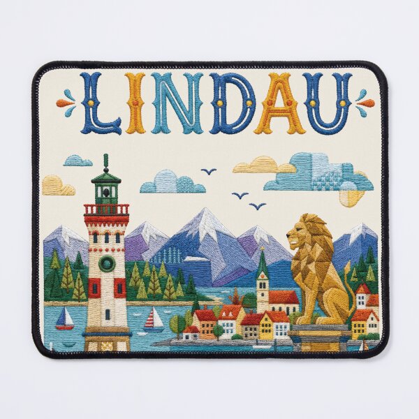 Item preview, Lindau Germany Embroidery Travel Poster | Lake Constance Lighthouse Bavarian Folk Art designed and sold by Witsprings.