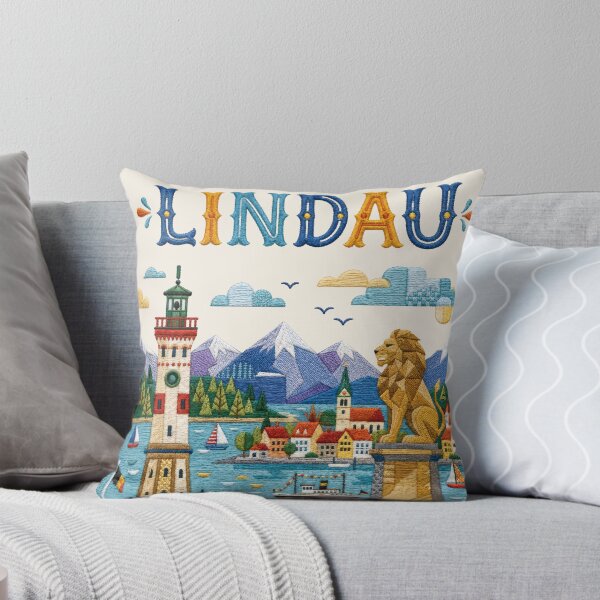 Item preview, Lindau Germany Embroidery Travel Poster | Lake Constance Lighthouse Bavarian Folk Art designed and sold by Witsprings.