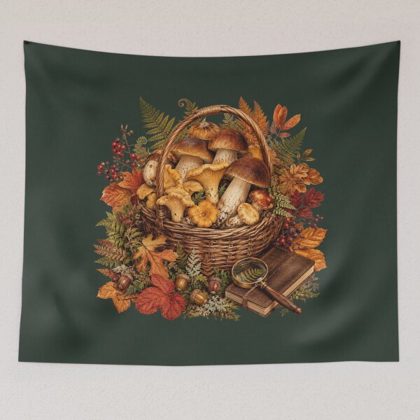 Item preview, Woodland Harvest – Autumn Mushroom Forager Botanical Art designed and sold by astersgraphics.