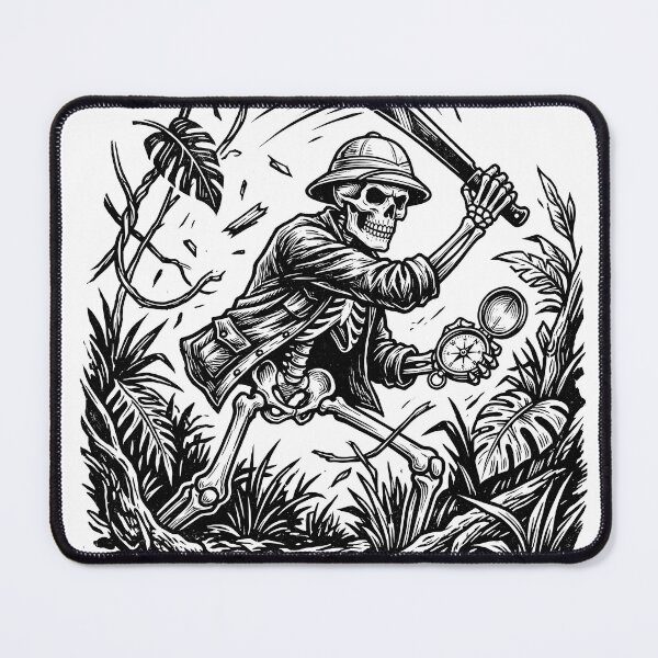 Item preview, Skeleton Explorer Wearing Pith Helmet Swinging Machete in Dense Jungle designed and sold by MisteryDesigner.