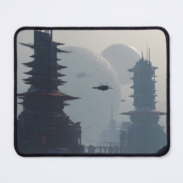 Item preview, Sci-Fi Chinese Pagoda City Wall Art, Alien Moon Skyline Poster designed and sold by AetherianArchive.