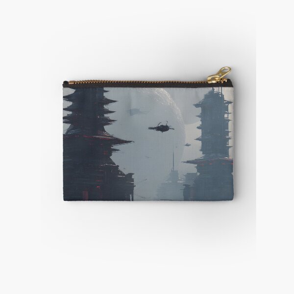 Item preview, Sci-Fi Chinese Pagoda City Wall Art, Alien Moon Skyline Poster designed and sold by AetherianArchive.