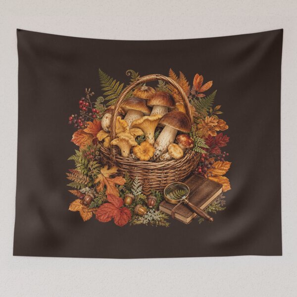 Item preview, Woodland Harvest – Autumn Mushroom Forager Botanical Art designed and sold by astersgraphics.