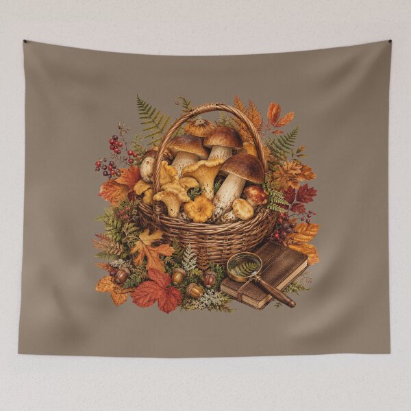 Item preview, Woodland Harvest – Autumn Mushroom Forager Botanical Art designed and sold by astersgraphics.