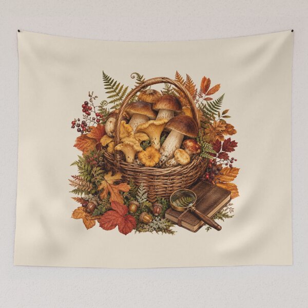 Item preview, Woodland Harvest – Autumn Mushroom Forager Botanical Art designed and sold by astersgraphics.