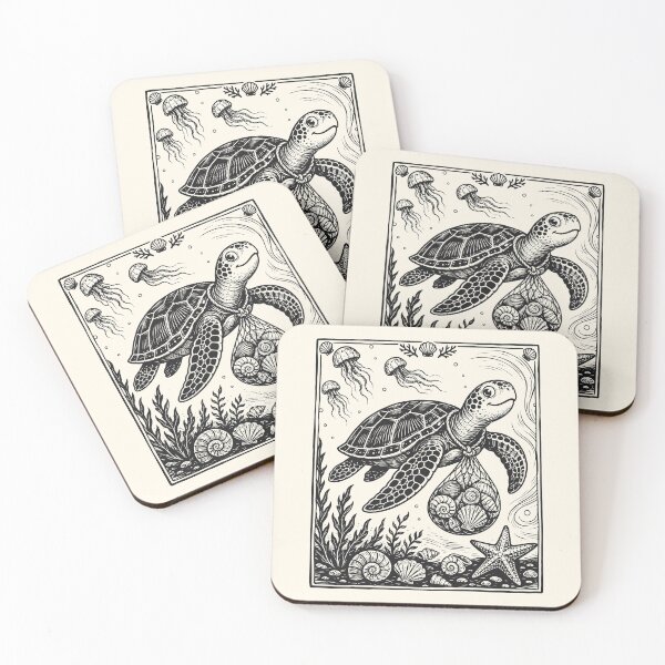 Item preview, Sea Turtle & Shells Linocut Sea Creatures Coastal  designed and sold by Y-Vibes.
