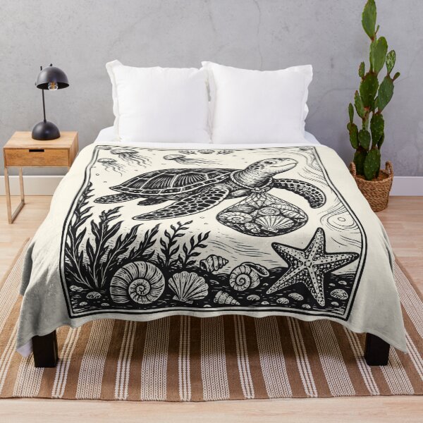 Item preview, Sea Turtle & Shells Linocut Sea Creatures Coastal designed and sold by Y-Vibes.
