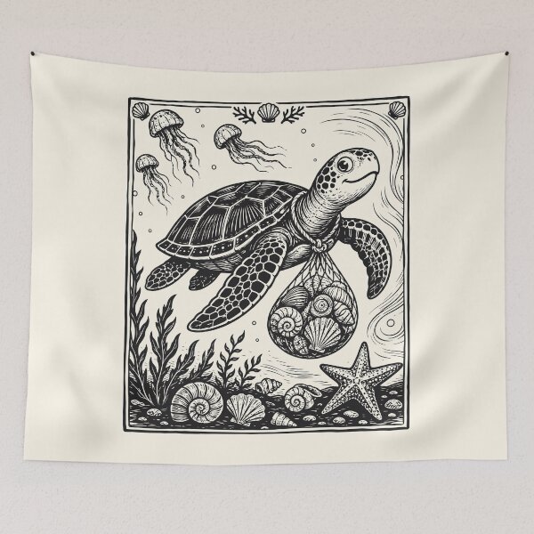 Item preview, Sea Turtle & Shells Linocut Sea Creatures Coastal  designed and sold by Y-Vibes.