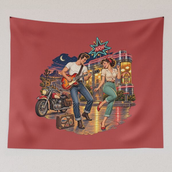 Artikelvorschau, Vintage Rockabilly Diner Dance Motorcycle Couple Art entworfen und verkauft von Normandy Road Heritage™ - Vintage Garage Art.