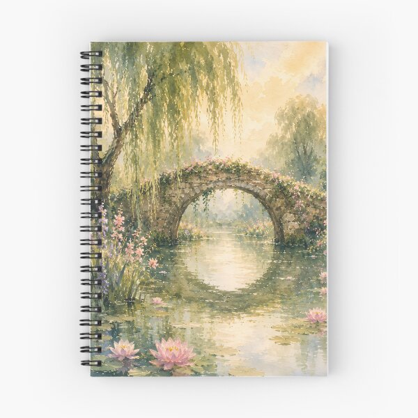 Item preview, Floral Stone Bridge Over Lily Pond - Weeping Willow And Water Lilies Painting designed and sold by Jozefin's Studio.
