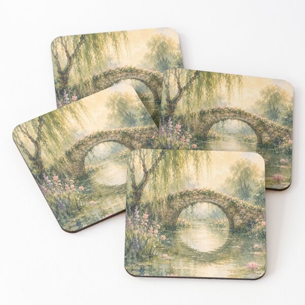 Item preview, Floral Stone Bridge Over Lily Pond - Weeping Willow And Water Lilies Painting designed and sold by Jozefin's Studio.