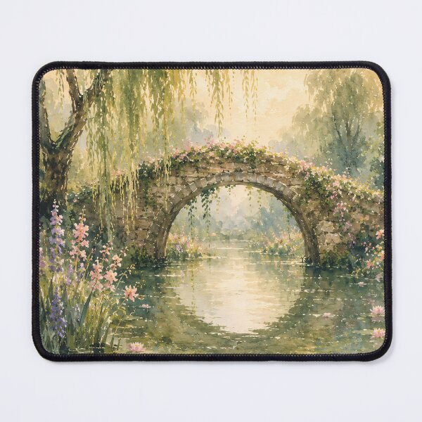 Item preview, Floral Stone Bridge Over Lily Pond - Weeping Willow And Water Lilies Painting designed and sold by Jozefin's Studio.