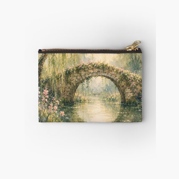 Item preview, Floral Stone Bridge Over Lily Pond - Weeping Willow And Water Lilies Painting designed and sold by Jozefin's Studio.