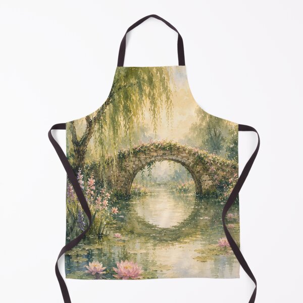 Item preview, Floral Stone Bridge Over Lily Pond - Weeping Willow And Water Lilies Painting designed and sold by Jozefin's Studio.