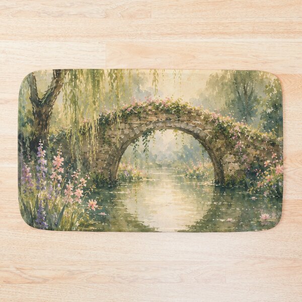 Item preview, Floral Stone Bridge Over Lily Pond - Weeping Willow And Water Lilies Painting designed and sold by Jozefin's Studio.