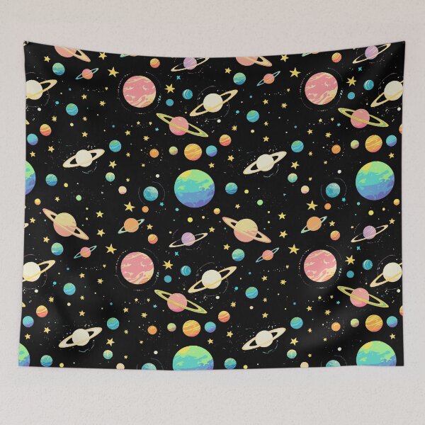 Item preview, Colorful Outer Space Seamless Pattern, Pastel Galaxy Digital Paper, Cute Ringed Planets & Stars Fabric Design designed and sold by ByKaleido.