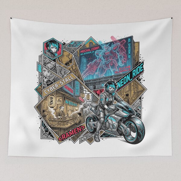 Item preview, Cyberpunk Biker Girl Neo Tokyo Night Ramen Mecha Manga Collage Aesthetic designed and sold by mood-draftsman.