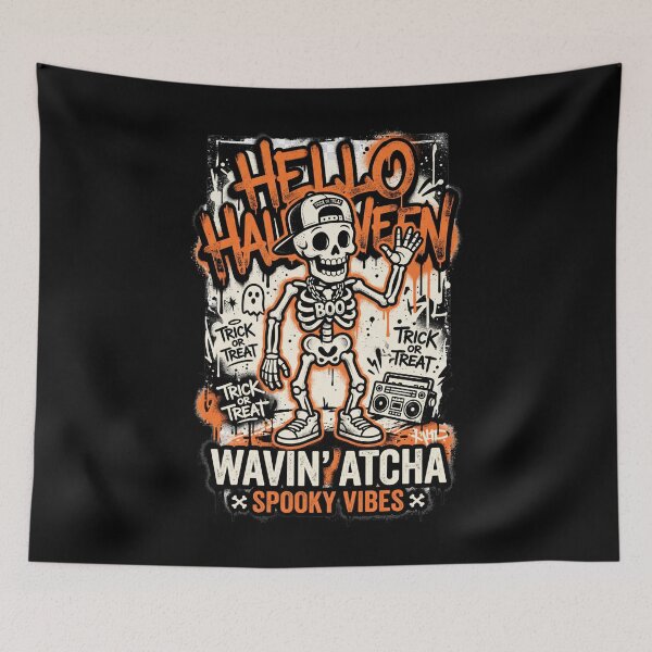 Item preview, Wavin Atcha Skeleton with Boombox Spooky Vibes Halloween Tee designed and sold by DarylWelsh2024.